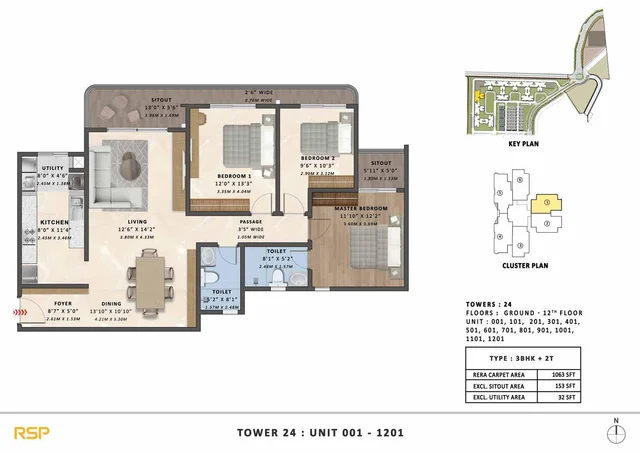 3 BHK plan 1063